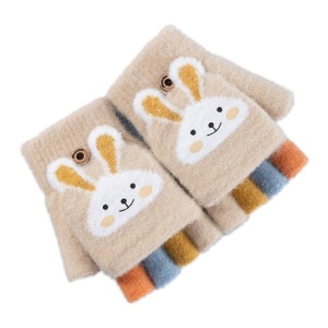 Manusi pentru copii, model cu degetele descoperite si capac decapotabil, prindere cu nasturel, accesorizate cu iepuras, manseta elastica, tematica cute bunny, marime 6 – 12 ani, bej