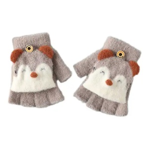 Manusi pentru copii, model cu degetele descoperite si capac decapotabil prindere cu nasture, manseta elastica, accesorizate cu puisor vesel, tematica happy winter, marime 1 – 5 ani, maro