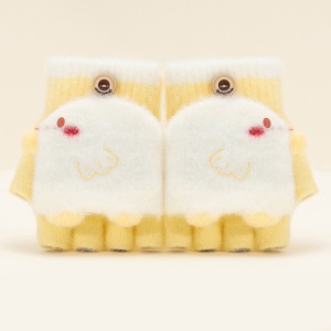 Manusi pentru copii, model cu degetele descoperite si capac decapotabil, prindere cu nasturel, accesorizate cu figurine vesele, tematica I love birds, unisex, marime 3 – 5 ani, galbene - Img 3