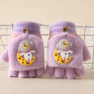 Manusi pentru copii, model cu degetele descoperite si capac decapotabil, prindere cu nasturel, accesorizate cu astronaut, tematica funny day, unisex, marime 4 – 10 ani, mov - Img 2
