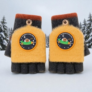 Manusi pentru copii, model cu degetele descoperite si capac decapotabil, prindere cu nasturel, accesorizate cu figurine vesele, tematica happy time, unisex, marime 7 – 12 ani, gri cu galben - Img 3