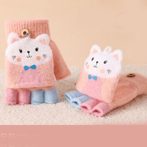 Manusi pentru copii, model cu degetele descoperite si capac decapotabil, prindere cu nasturel, accesorizate cu pisicute fashion, tematica I love cats, unisex, marime 7 – 9 ani, piersica - Img 4