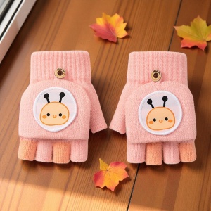 Manusi pentru copii, model cu degetele descoperite si capac decapotabil, prindere cu nasturel, accesorizate cu figurine vesele, tematica happy day, unisex, marime 9 – 12 ani, roz - Img 2