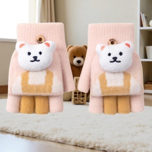 Manusi pentru copii, model cu degetele descoperite si capac decapotabil, prindere cu nasturel, accesorizate cu ursulet, tematica little bear, unisex, marime 7 – 12 ani, roz - Img 3