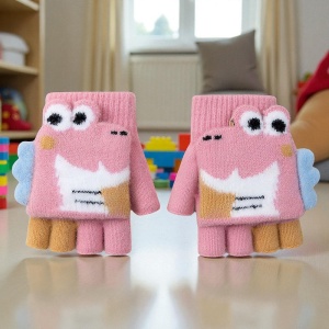 Manusi pentru copii, model cu degetele descoperite si capac decapotabil, accesorizate cu dinozauri, tematica happy winter, unisex, marime 9 – 12 ani, roz - Img 2