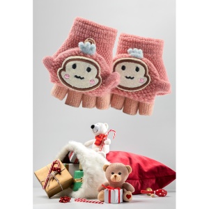 Manusi pentru copii, model cu degetele descoperite si capac decapotabil, prindere cu nasturel, accesorizate cu figurina haioasa, manseta elastica, tematica happy moments, marime 1 – 3 ani, roz inchis - Img 3