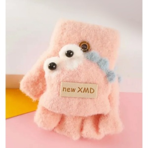 Manusi pentru copii, model cu degetele descoperite si capac decapotabil, prindere cu nasturel, accesorizate cu ochisori curiosi, manseta elastica, tematica funny dino, marime 0 – 3 ani, roz deschis - Img 3