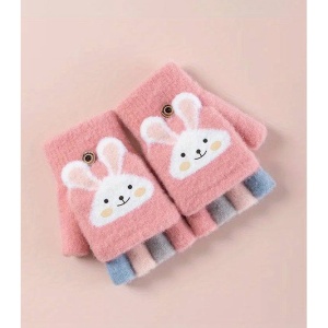 Manusi pentru copii, model cu degetele descoperite si capac decapotabil, prindere cu nasturel, accesorizate cu iepuras, manseta elastica, tematica cute bunny, marime 6 – 12 ani, roz inchis - Img 4