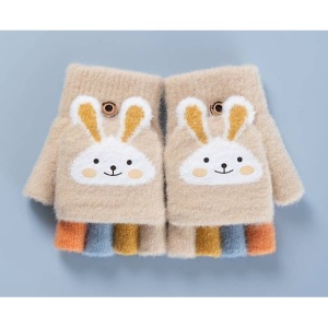 Manusi pentru copii, model cu degetele descoperite si capac decapotabil, prindere cu nasturel, accesorizate cu iepuras, manseta elastica, tematica cute bunny, marime 6 – 12 ani, bej - Img 2