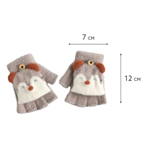 Manusi pentru copii, model cu degetele descoperite si capac decapotabil prindere cu nasture, manseta elastica, accesorizate cu puisor vesel, tematica happy winter, marime 1 – 5 ani, maro - Img 4