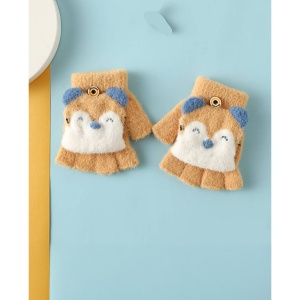 Manusi pentru copii, model cu degetele descoperite si capac decapotabil prindere cu nasture, manseta elastica, accesorizate cu puisor vesel, tematica happy winter, marime 1 – 5 ani, mustar - Img 2