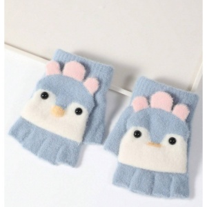 Manusi pentru copii, model cu degetele descoperite si capac decapotabil, accesorizate cu pinguini poznasi, tematica happy feet, marime 1 – 5 ani, albastre - Img 3