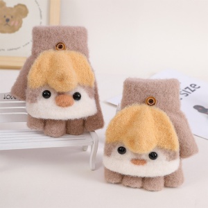 Manusi pentru copii, model cu degetele descoperite si capac decapotabil, prindere cu nasturel, accesorizate cu pinguin simpatic, tematica happy feet, unisex, marime 6 – 24 luni, maro - Img 3
