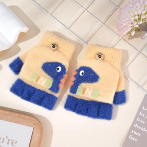 Manusi pentru copii, model cu degetele descoperite si capac decapotabil, prindere cu nasturel, accesorizate cu dinozaur, tematica crazy dino, unisex, marime 3 – 5 ani, galbene - Img 2