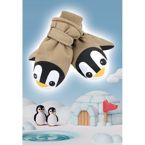 Manusi pentru copii, model cu un singur deget, manseta elastica si prindere reglabila, waterproof, imprimeu haios cu pinguin vesel, tematica let’s play outside, marime 5 – 12 ani, maro - Img 3