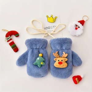 Manusi pentru copii, model super dragalas, moale si pufos, prinse cu snur intre ele, accesorizate cu figurine cute, tematica winter happy baby, 2 - 6 ani, albastre - Img 2