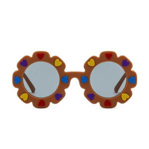 Ochelari de soare pentru copii, model pentru fetite, design floare cu petale in forma de inimioare, marime universala, maro - Img 2