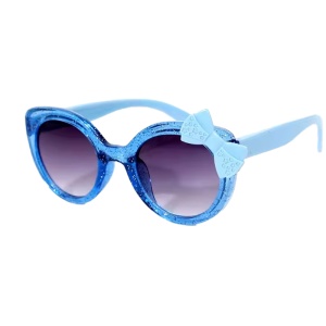 Ochelari de soare pentru fetite, model cu rama semitransparenta accesorizata cu fundita chic, tematica glitter summer, marime universala, albastri