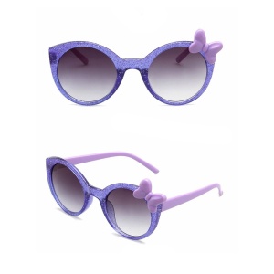 Ochelari de soare pentru fetite, model cu rama semitransparenta accesorizata cu fundita chic, tematica glitter summer, marime universala, mov - Img 3