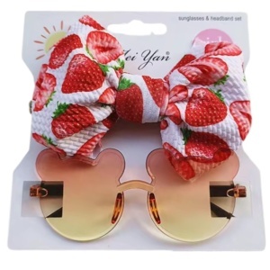 Ochelari de soare pentru fetite, set doua piese, model ursulet prietenos cu funda voluminoasa asortata, imprimeu delicat, tematica cute and fashion, portocalii cu verde - Img 2