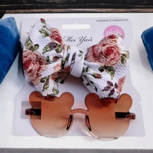 Ochelari de soare pentru fetite, set doua piese, model ursulet prietenos cu funda voluminoasa asortata, imprimeu delicat, tematica cute and fashion, maro - Img 3