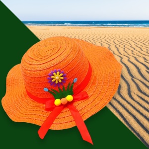 Palarie de soare, copii, model chic de vara pentru fetite, accesorizat cu flori si panglica, prindere sub barbie, margine ondulata, tematica cute summer, marime universala, portocalie - Img 3