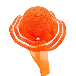 Palarie de soare, copii, model cute de vara pentru fetite, accesorizat cu funda pretioasa cu detaliu fashion, prindere sub barbie, margine ondulata, tematica elegant summer, marime universala, portocalie