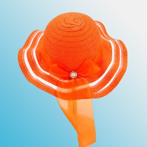 Palarie de soare, copii, model cute de vara pentru fetite, accesorizat cu funda pretioasa cu detaliu fashion, prindere sub barbie, margine ondulata, tematica elegant summer, marime universala, portocalie - Img 2