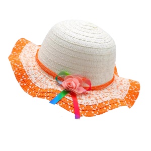 Palarie de soare, copii, model cute elegant pentru fetite, accesorizat cu flori si fundita rainbow, prindere sub barbie, margine ondulata, tematica happy summer, marime universala, portocalie