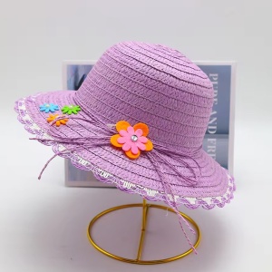 Palarie de soare, copii, model elegant pentru fetite, accesorizat cu flori multiple si fundita din sfoara, prindere sub barbie, margine fixa, tematica fashion summer, marime universala, mov - Img 2
