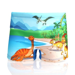 Pantaloni de baie pentru baieti, tematica lumea preistorica, model oaza si dinouzauri, multicolor