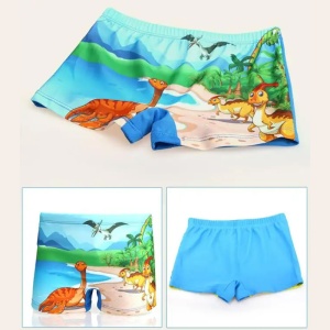 Pantaloni de baie pentru baieti, tematica lumea preistorica, model oaza si dinouzauri, multicolor - Img 3