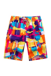 Pantaloni scurti de baie tip bermude, multicolor cu imprimeu abstract vesel, barbati, uscare rapida