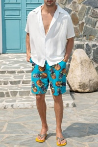 Pantaloni scurti de baie tip sort, barbati, imprimeu ananas amuzant, model cool summer, uscare rapida, albastru - Img 4