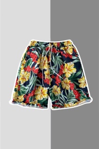 Pantaloni scurti de baie tip sort, barbati, imprimeu floral, uscare rapida, negru - Img 2