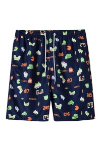 Pantaloni scurti de baie tip sort, barbati, model gamer, imprimeu grafic tineresc, prindere cu snur, tematica I love to play, uscare rapida, albastri cu multicolor
