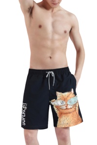Pantaloni scurti de baie tip sort, barbati, model super cat, imprimeu pisica nebuna, uscare rapida, negru