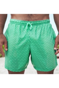Pantaloni scurti de baie tip sort, barbati, verde, cameleon, imprimeu geometric romburi, uscare rapida - Img 2