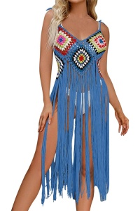 Pareo tip rochie pentru plaja, model cu franjuri transparent, tesatura traditionala, tematica crazy retro summer, albastru