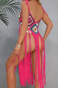 Pareo tip rochie pentru plaja, model cu franjuri transparent, tesatura traditionala, tematica crazy retro summer, roz - Img 2