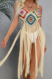 Pareo tip rochie pentru plaja, model cu franjuri transparent, tesatura traditionala, tematica crazy retro summer, bej - Img 3
