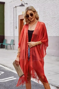 Pareo tip rochie pentru plaja sau strada, accesorizata cu perlute pe margine si fir scripitor, rosu - Img 4