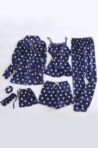 Pijama dama 4 in 1, haine de stat in casa, 7 piese, satin, camasa, maieu, pantalon lung si chilot tip pantalon scurt, albastru cu inimioare - Img 3
