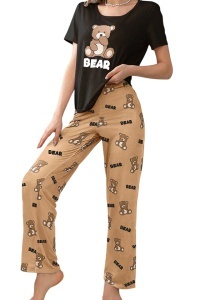 Pijama dama, set 2 piese, bluza cu maneca scurta si pantaloni lungi, model cute cu ursuleti cozy, tematica lovely bear, maro cu negru