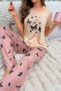 Pijama dama, set 2 piese, bluza cu maneca scurta si pantaloni lungi, model cute fantezie de fluturasi, tematica butterfly dream, roz cu bej - Img 3