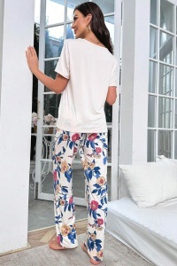 Pijama dama, set 2 piese, bluza cu maneca scurta si pantaloni lungi, model deosebit cu imprimeu floral, tematica lovely flowers, multicolor - Img 2