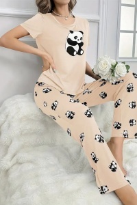 Pijama dama, set 2 piese, bluza cu maneca scurta si pantaloni lungi, model cute cu imprimeu ursulet panda dragalas, tematica sleepy buddy, bej - Img 3