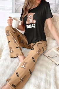 Pijama dama, set 2 piese, bluza cu maneca scurta si pantaloni lungi, model cute cu ursuleti cozy, tematica lovely bear, maro cu negru - Img 4