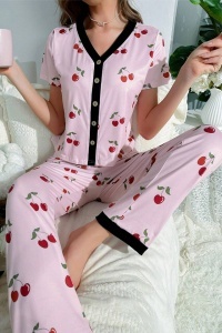Pijama dama, set 2 piese, bluza cu maneca scurta si pantaloni lungi, prindere cu nasturi, model deosebit cu imprimeu cirese delicioase, tematica sweet dreams, roz - Img 3