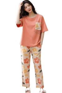 Pijama dama, set 2 piese, bluza maneca lunga cu buzunar la piept si pantaloni lungi, model cu flori, tematica I love flowers, portocalie